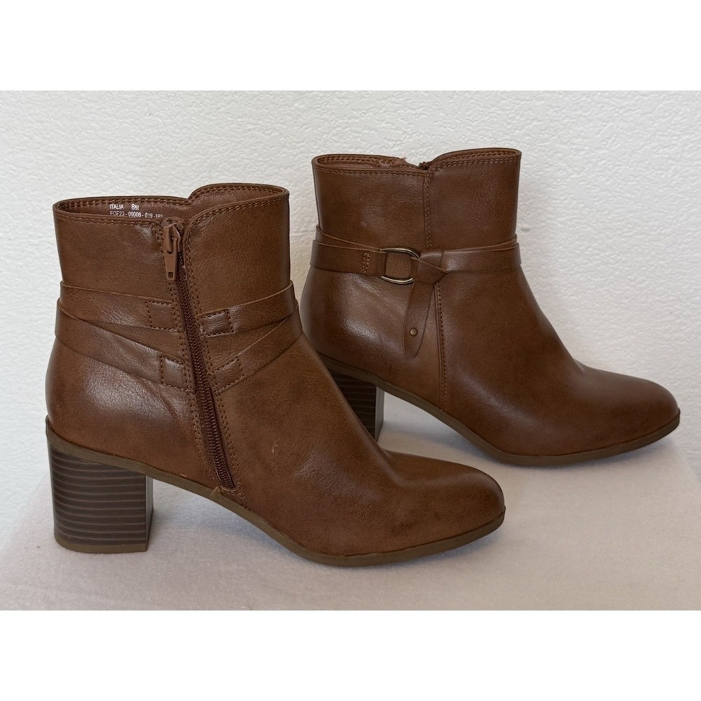 Frye and Co Italia Womens Cognac Brown Buckle Ankle Boots Block Heel Size 8M
